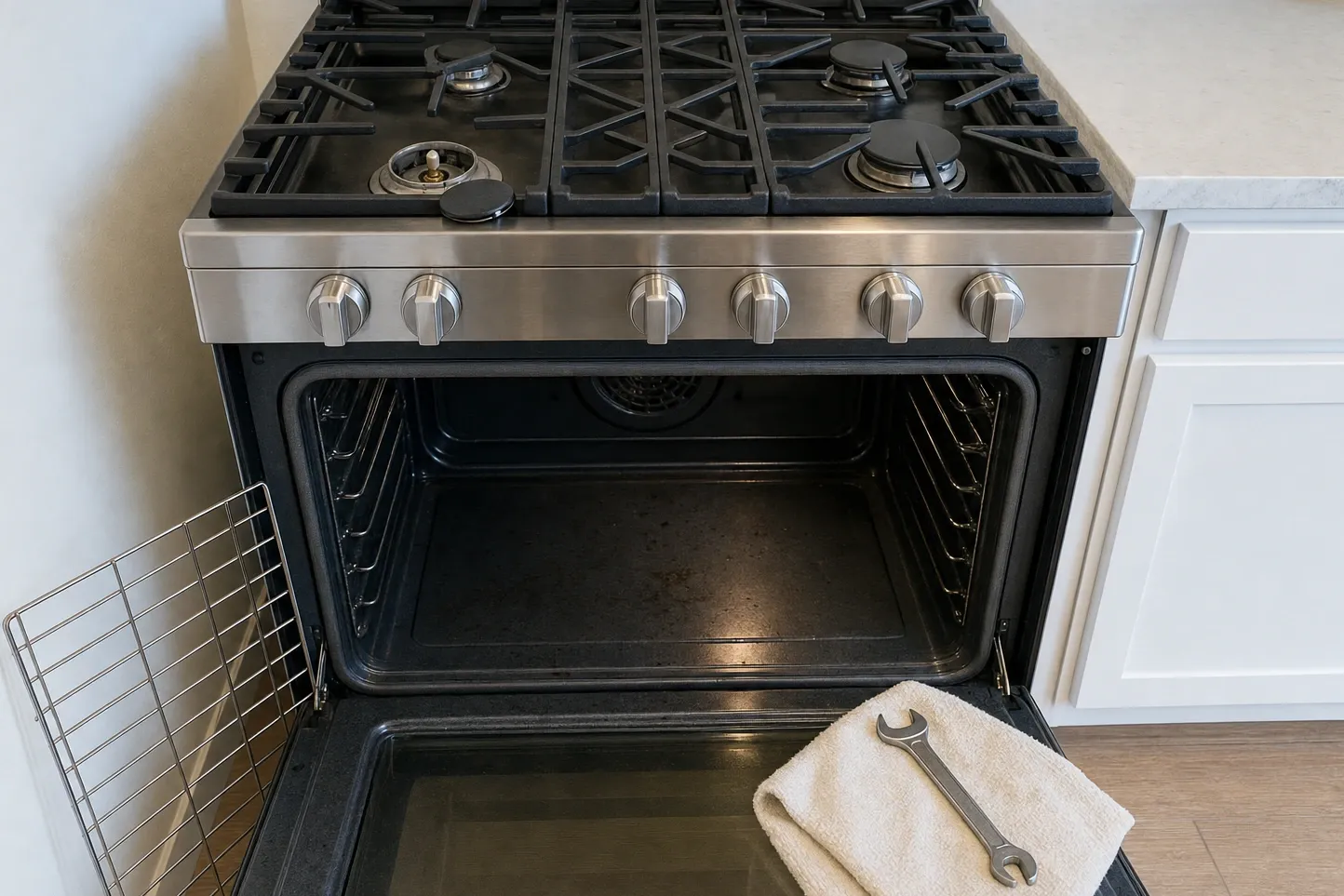 Six-burner range with the oven door wide open and one burner cap resting on the grate next to its open head