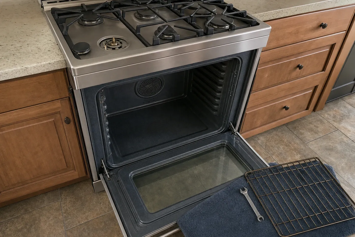 Stainless range from the side with the oven door open, the round convection fan cover on the cavity wall