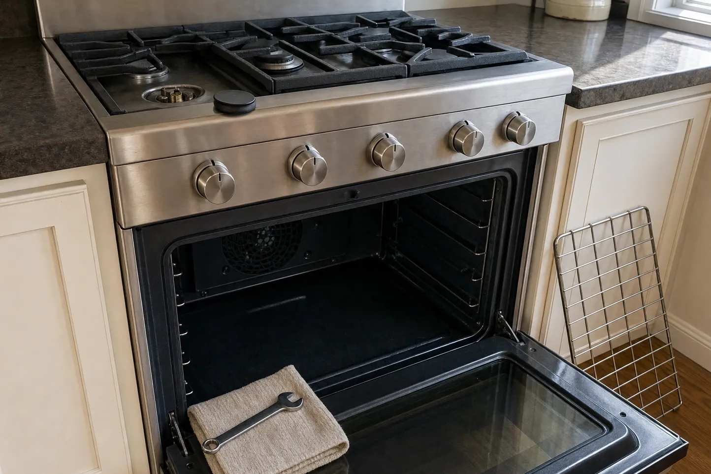 Gas range at an angle with the oven door open, convection fan cover at the back of the cavity and one burner head uncovered